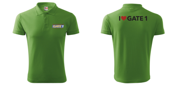 A green polo shirt with the word " i love ga " on it.