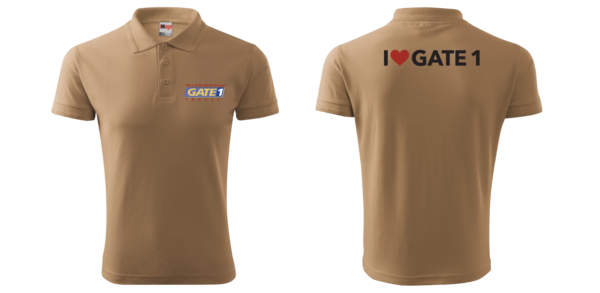 A brown polo shirt with the words " i love gay ".