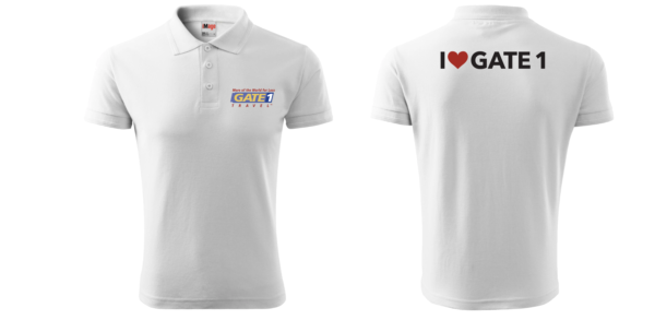 A white polo shirt with the words " i love gay pride ".