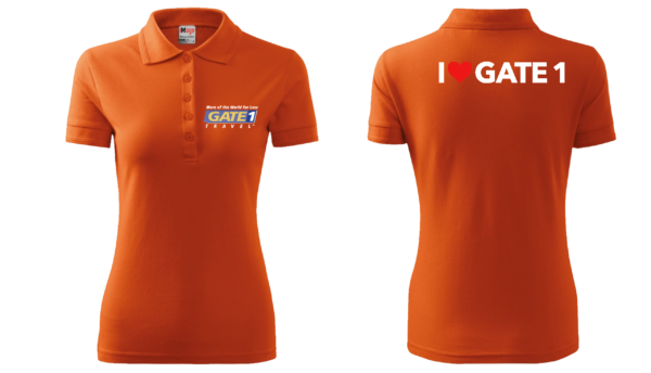 A women 's orange polo shirt with the name " i love gay."