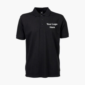 A black polo shirt with the company logo on it.