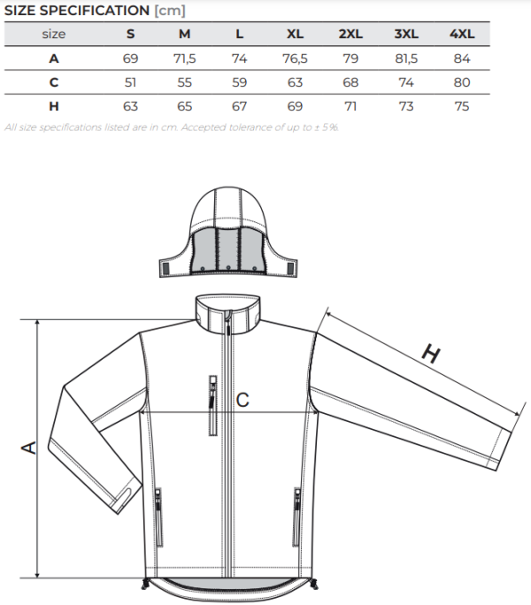 A diagram of the size and length of a jacket.