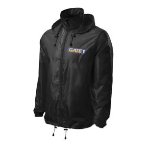 A black jacket with a hood and a zipper.