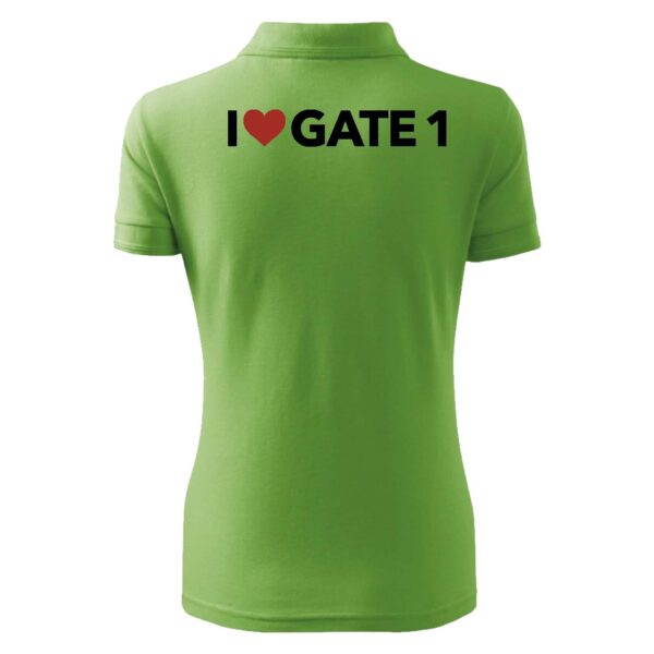 A green polo shirt with the words " i love gate 1 ".