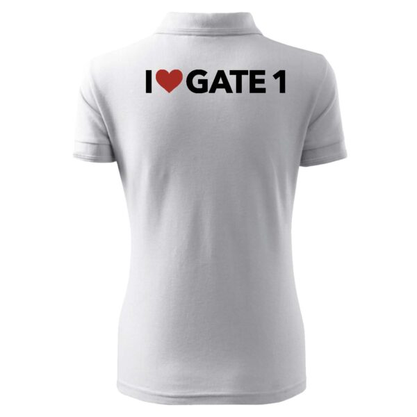 A white polo shirt with the words " i love gate 1 ".