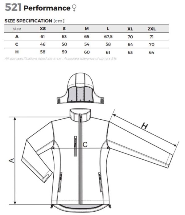 A diagram of the size and length of a jacket.