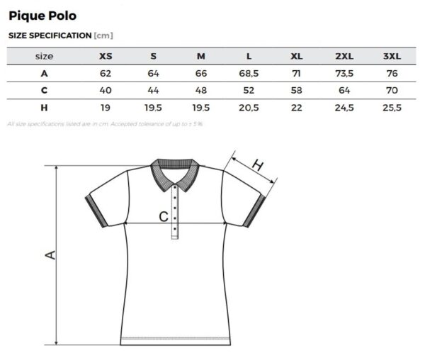 A size chart of the polo shirt.