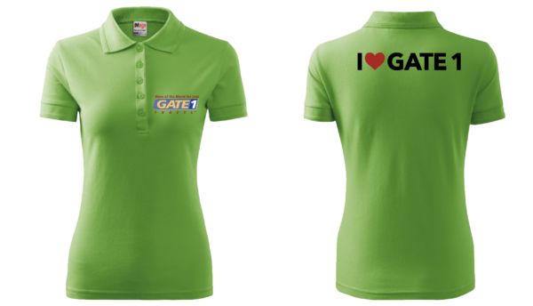 A green polo shirt with the word " gate 1 " on it.