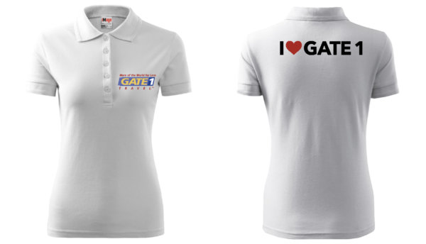 A white polo shirt with the words " i love gate ".